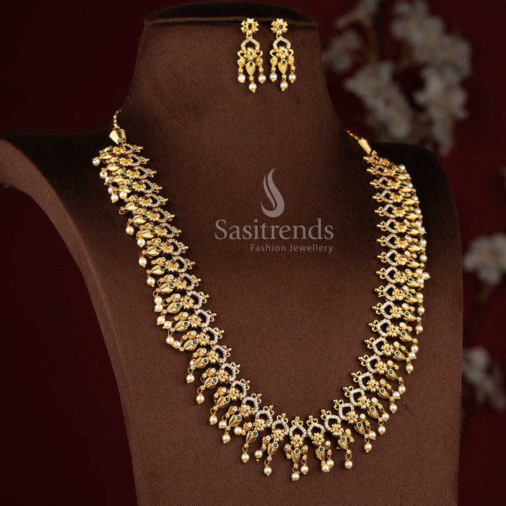 Sasitrends ethnic premium temple matte gold plated floral motif multi American diamond long necklace jewellery set featuring classic craftsmanship for bridal styling, festive occasions and cultural ceremonies