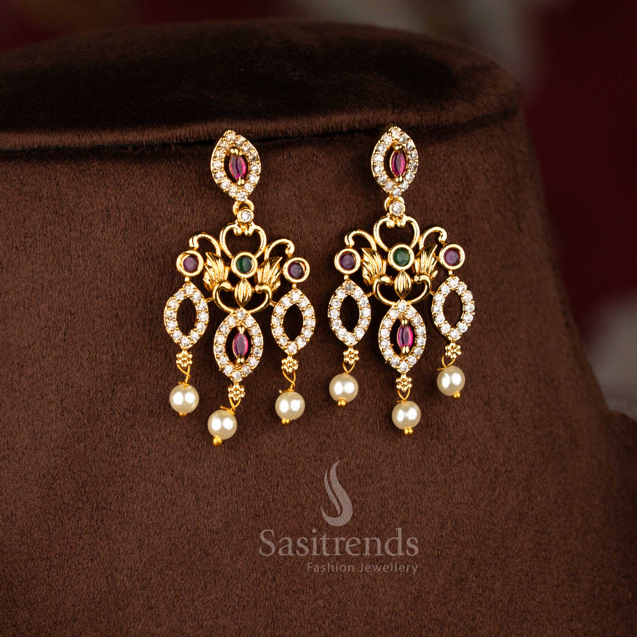 Sasitrends ethnic premium temple matte gold plated paisley vine pearl drop multi AD stone short necklace jewellery set showcasing traditional temple design ideal for weddings, festive celebrations, religious ceremonies and heritage events