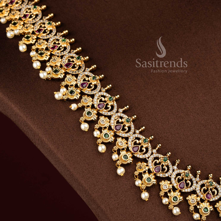 Sasitrends ethnic premium temple matte gold plated peacock teardrop floral motif pearl drop multi AD stone long necklace jewellery set crafted for bridal wear, festive celebrations, heritage functions and traditional ceremonies