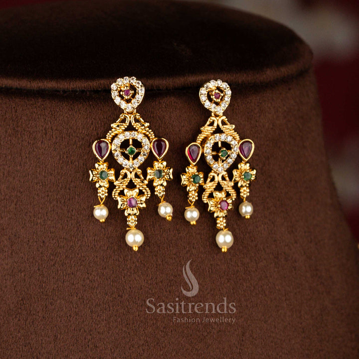 Sasitrends ethnic premium temple matte gold plated peacock teardrop floral motif pearl drop multi AD stone short necklace jewellery set crafted for brides, festive traditions, spiritual ceremonies and auspicious family occasions