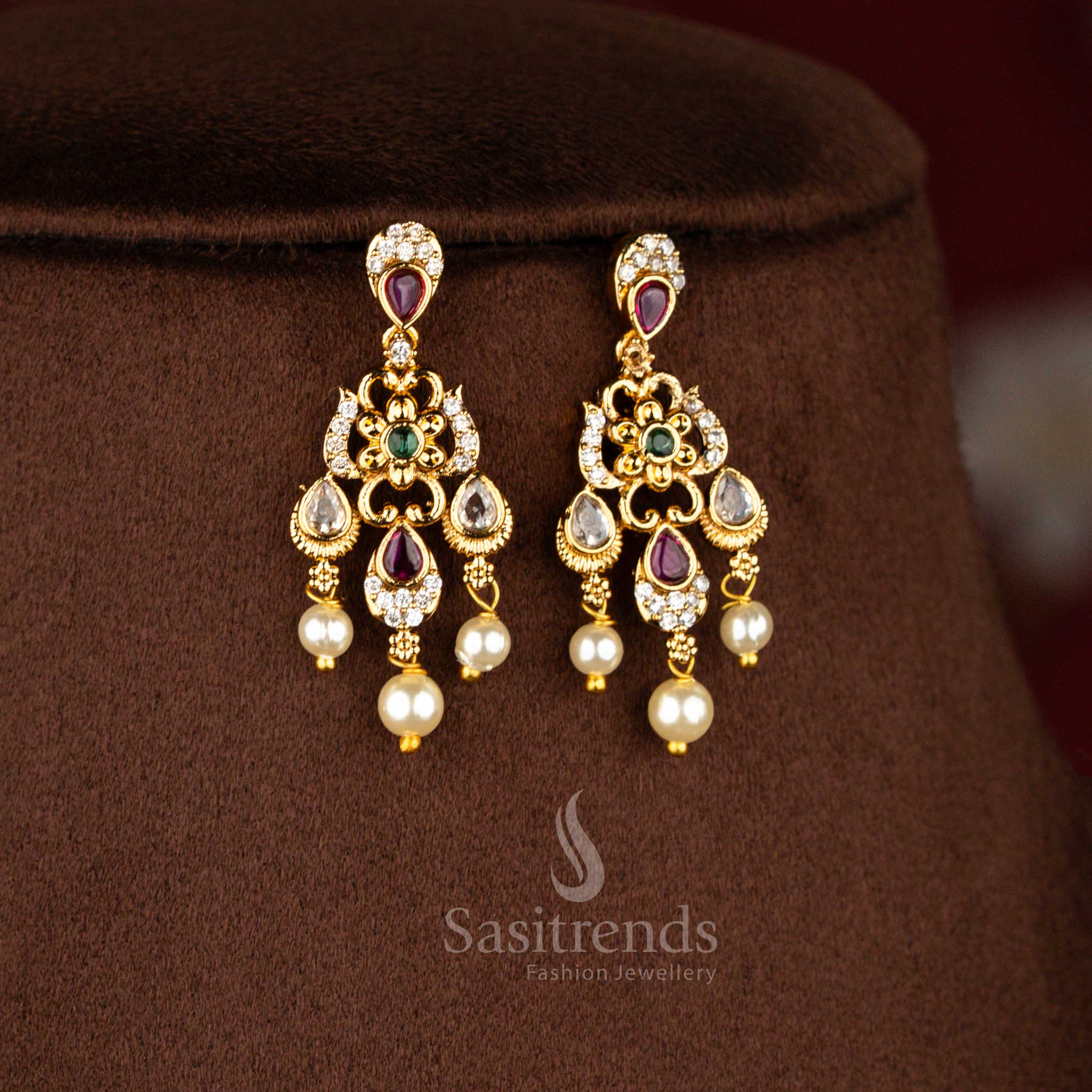 Sasitrends ethnic premium temple matte gold plated teardrop motif floral multi AD stone short necklace jewellery set perfect for weddings, festive occasions, engagement events, traditional celebrations and elegant party wear