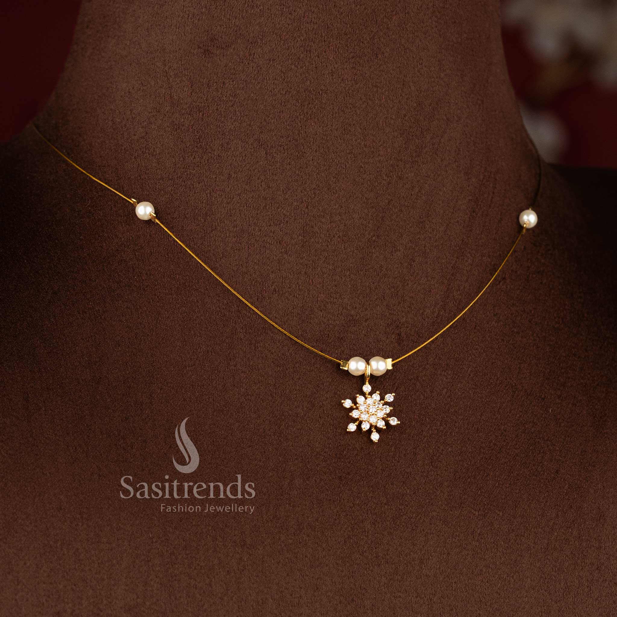 Sasitrends ethnic style invisible American diamond 24K micro gold plated pendant necklace with pearl bead chain crafted for traditional festive attire