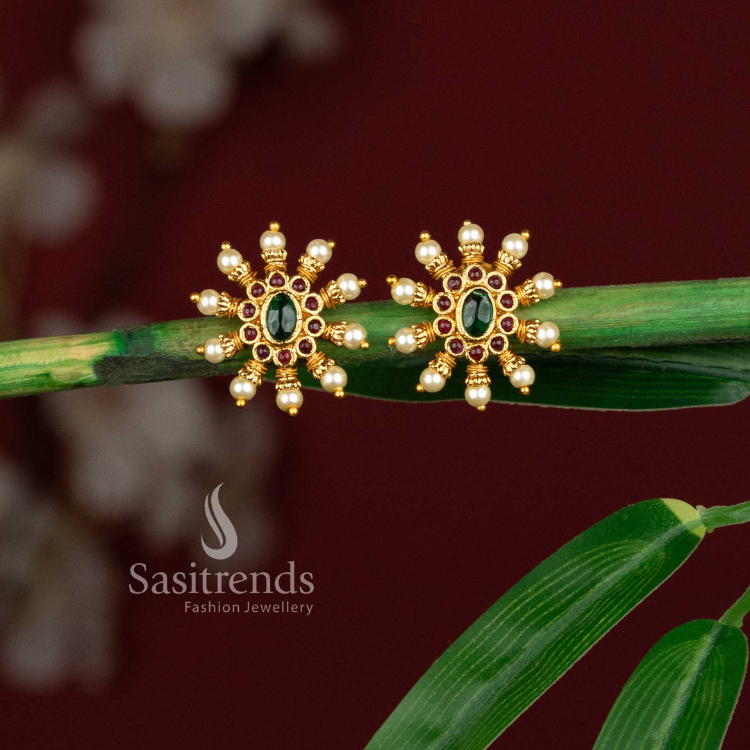 Sasitrends ethnic temple matte gold finish oval pearl stud earrings crafted with timeless design suitable for cultural styling and traditional jewellery collections