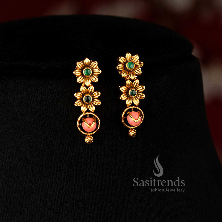 Sasitrends ethnic temple matte gold plated floral round pearl pink green necklace jewellery set featuring classic craftsmanship ideal for festive traditions, engagement rituals and cultural celebrations