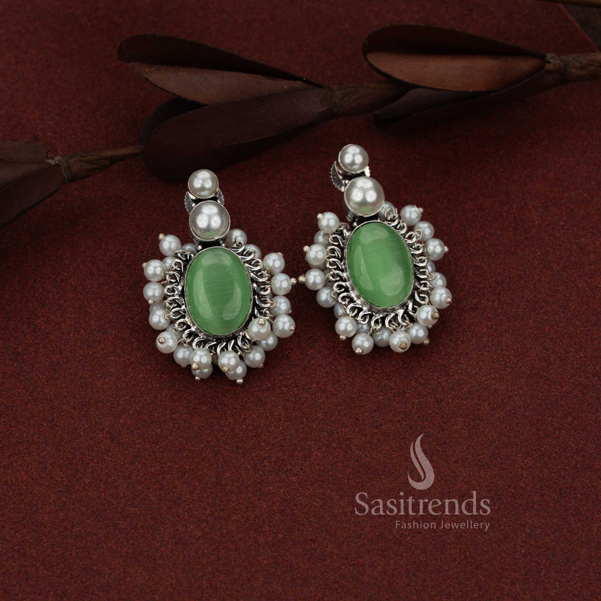 Sasitrends everyday elegance oxidised silver light green stud earrings with double pearl top and oval cluster detailing