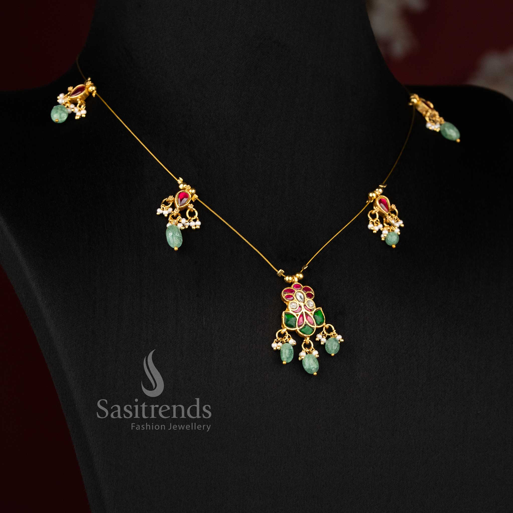 Sasitrends exquisite jadau invisible chain 24K gold plated necklace crafted with detailed motif work and elegant pearl touch designed for saree styling and refined traditional wear