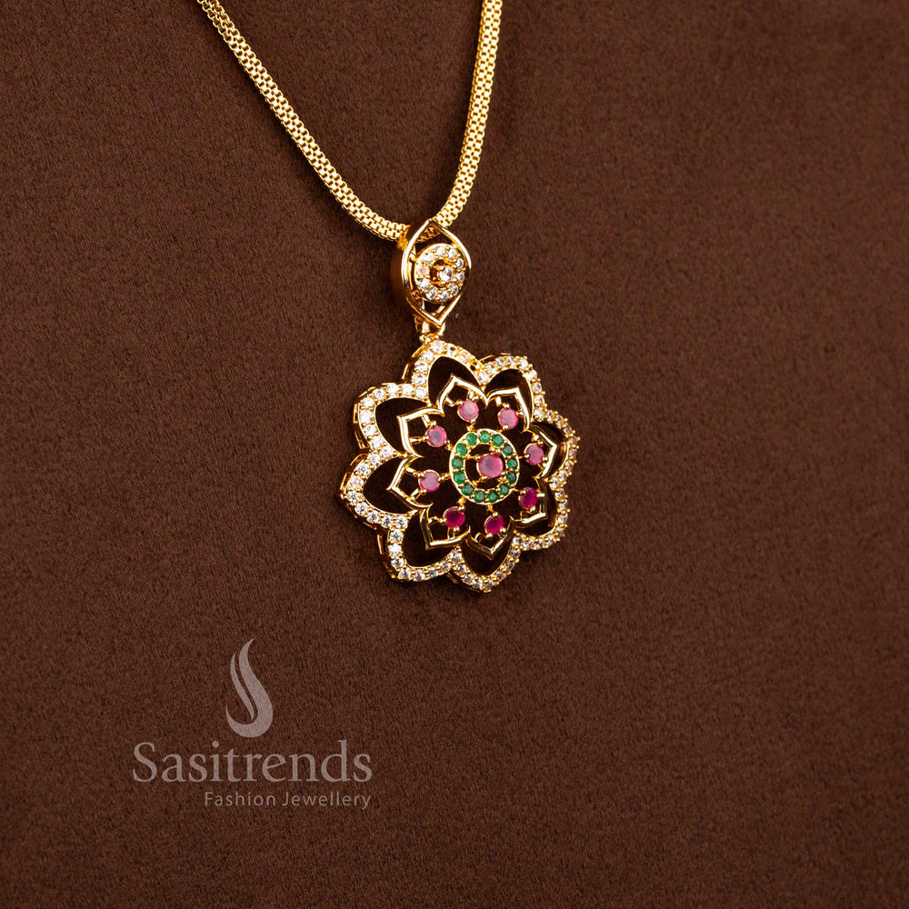 Sasitrends exquisite guaranteed micro gold plated American diamond stone floral chain necklace designed with elegant detailing for grand celebrations, weddings and festive occasions