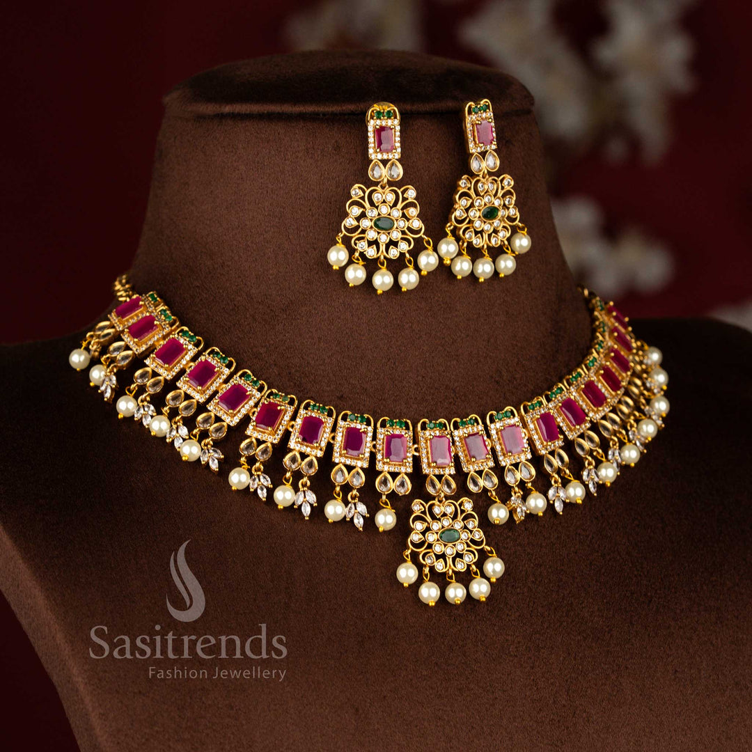 Sasitrends exquisite party wear temple matte gold plated floral American diamond necklace jewellery set for women designed with elegant traditional detailing and rich festive styling appeal