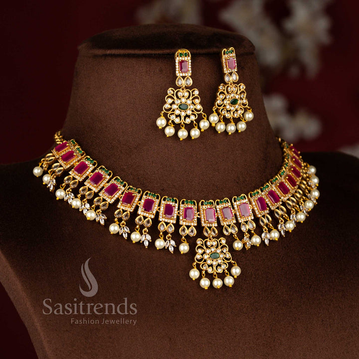 Exquisite Party Wear Temple Matte Gold Plated Floral AD Necklace Jewellery Set for Women | Sasitrends