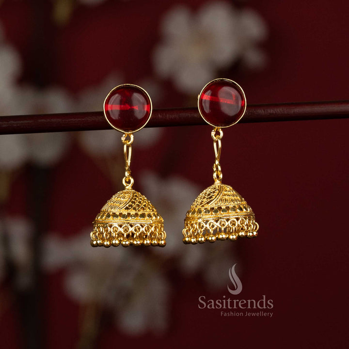 Sasitrends fashionable gold plated red round motif jhumka earrings crafted with stylish round motif stud and classic jhumka design for modern fashion lovers