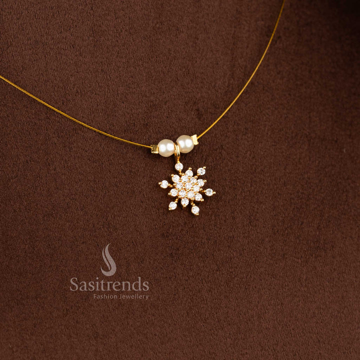 Sasitrends fashionable invisible American diamond 24K micro gold plated pendant necklace designed with pearl bead chain detailing for elegant festive styling