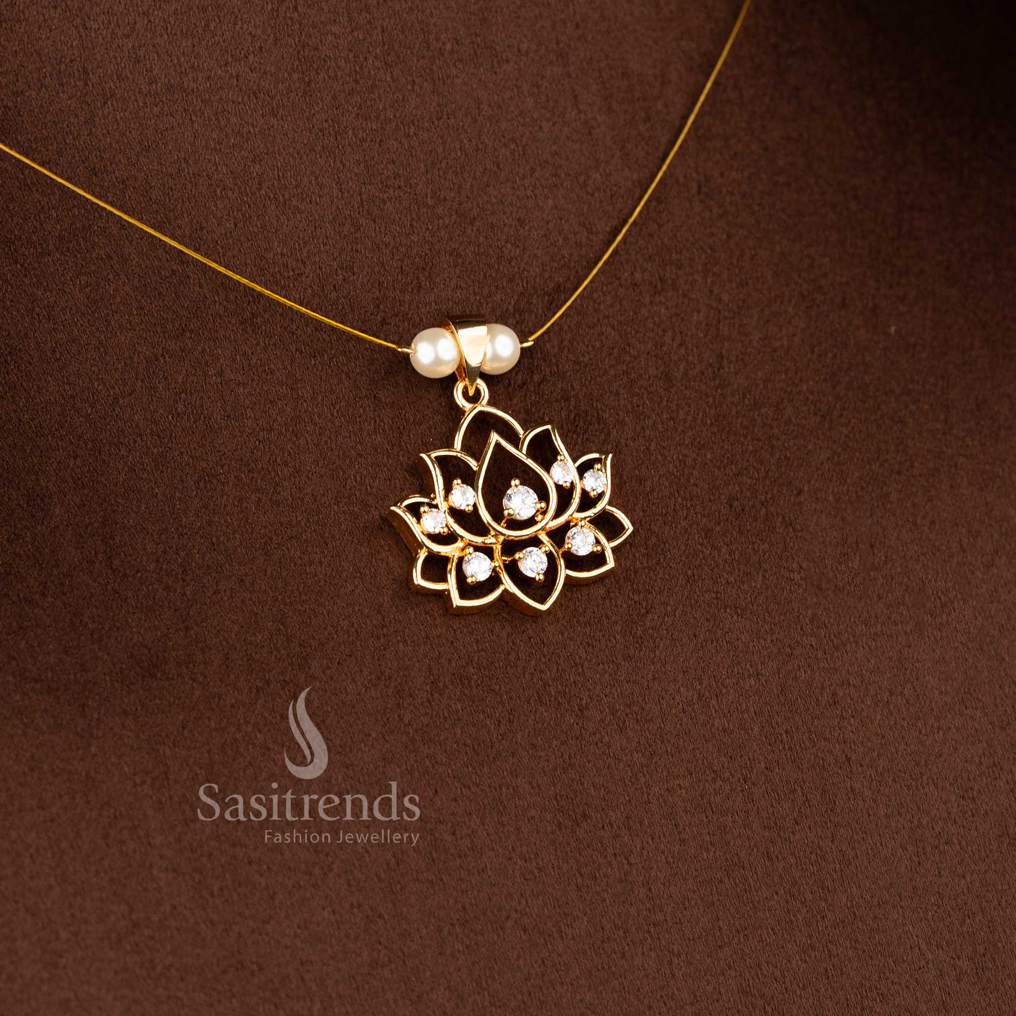 Sasitrends stylish invisible AD lotus pendant necklace with pearl bead chain 24K gold plated fashion jewellery