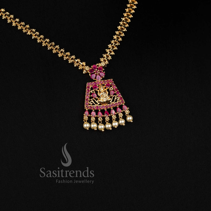 Sasitrends traditional occasion necklace designed with a textured floral chain, central deity motif, decorative frame and graceful hanging elements 