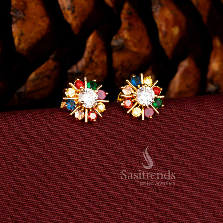 Stunning 24K Micro Gold Plated Sunburst AD Stone Stud Earrings with Radiant Center Crystal | Festive & Traditional Wear