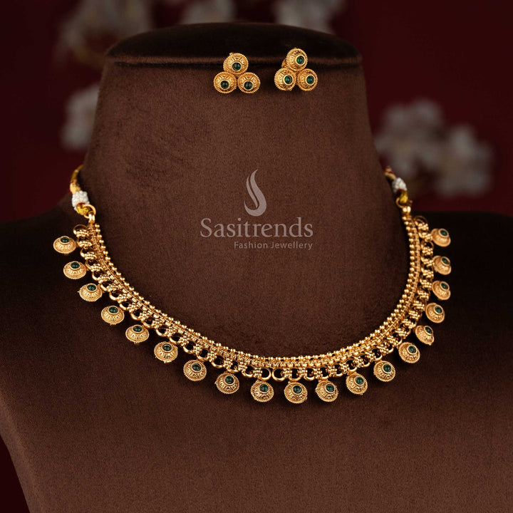 Sasitrends ethnic classic matte gold plated green round motif necklace jewellery set with flexible chain structure bead drop detailing and coordinated stud earrings 