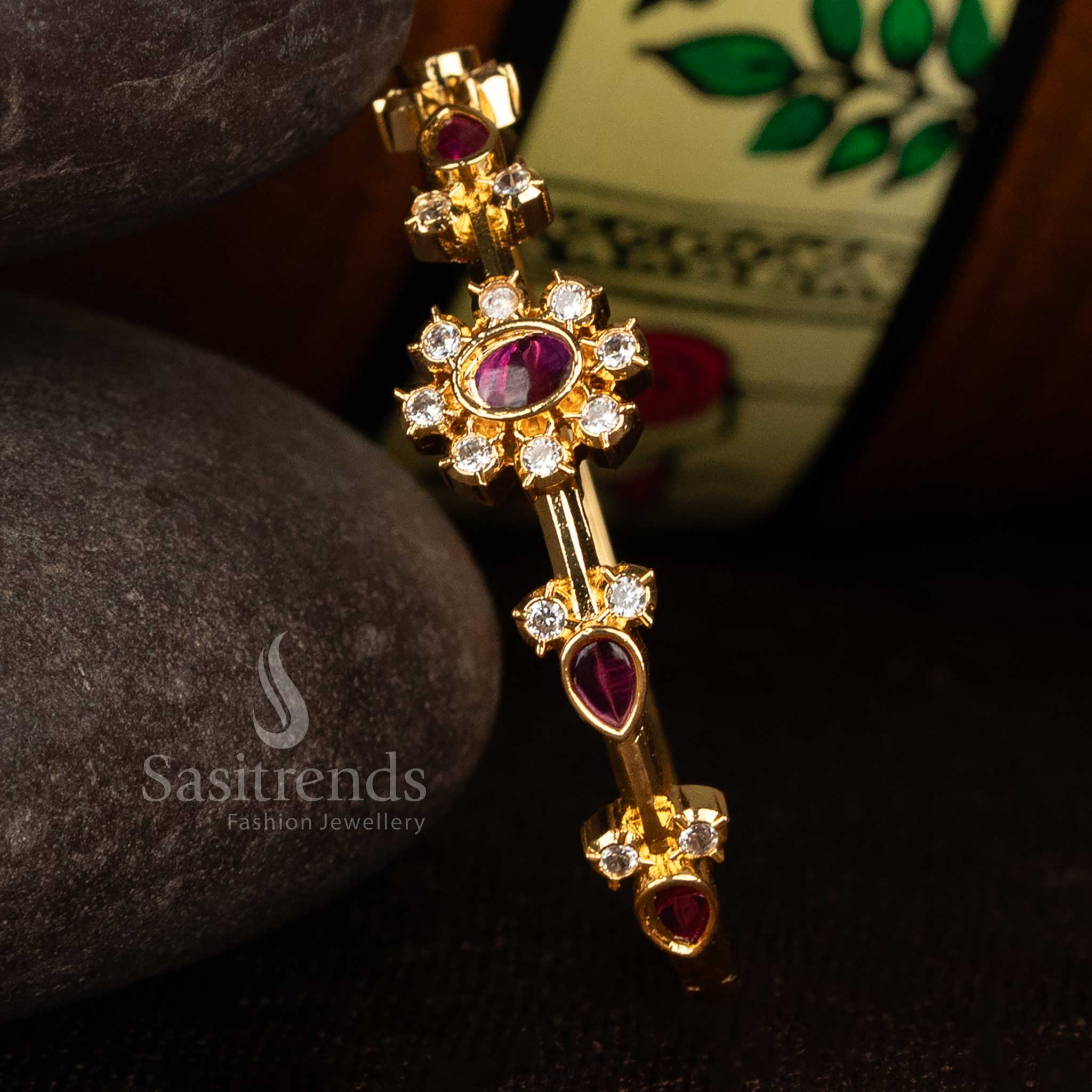 Sasitrends party wear white ruby american diamond micro gold plated bracelet featuring oval centre stone and teardrop stone accents