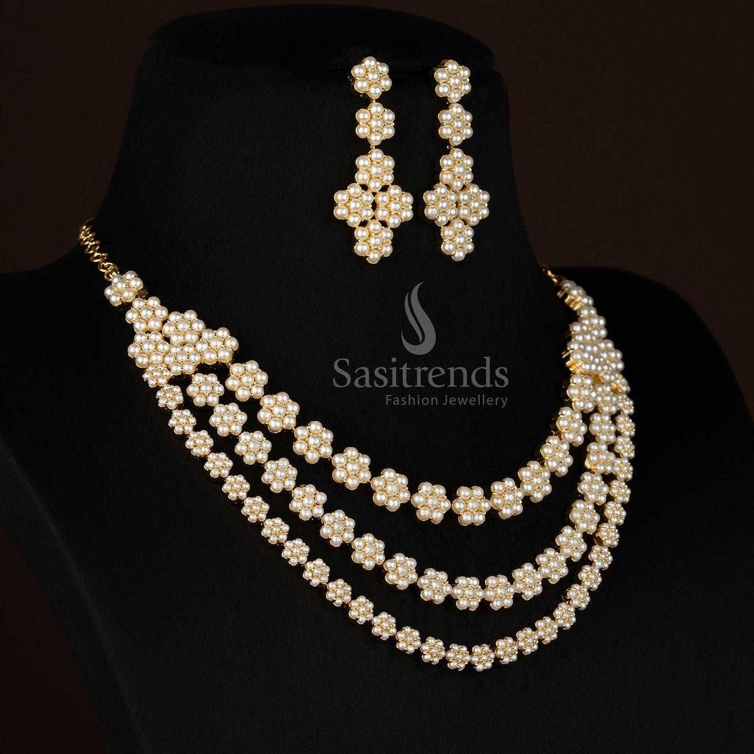 Sasitrends floral triple layer pearl necklace set with 24k micro gold plating