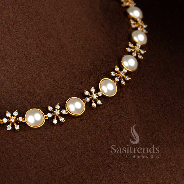 Elegant matte gold white American Diamond and pearl necklace with matching pearl drop earrings