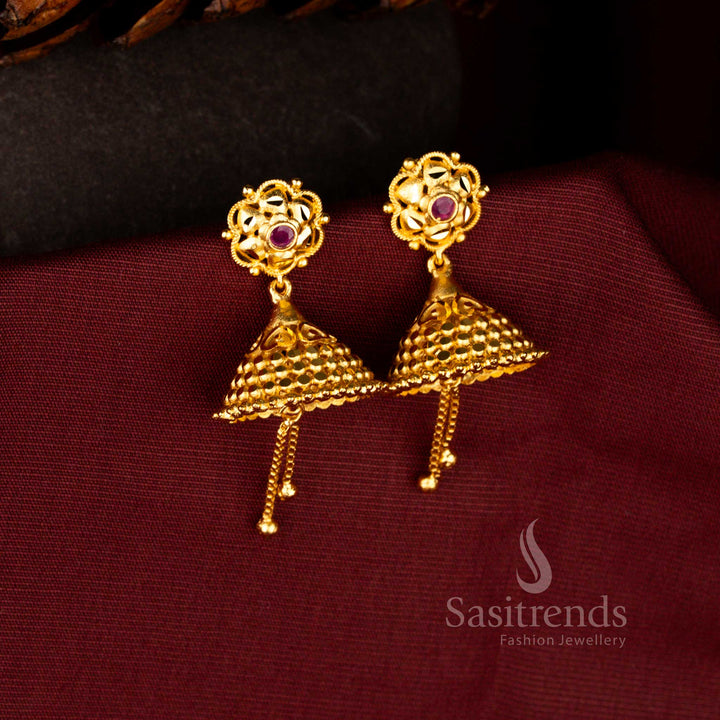 Delightful Forming Micro Gold Plated Traditional 24K Floral AD Stone Honeycomb Dome Jhumka Earrings with Chain Tassels