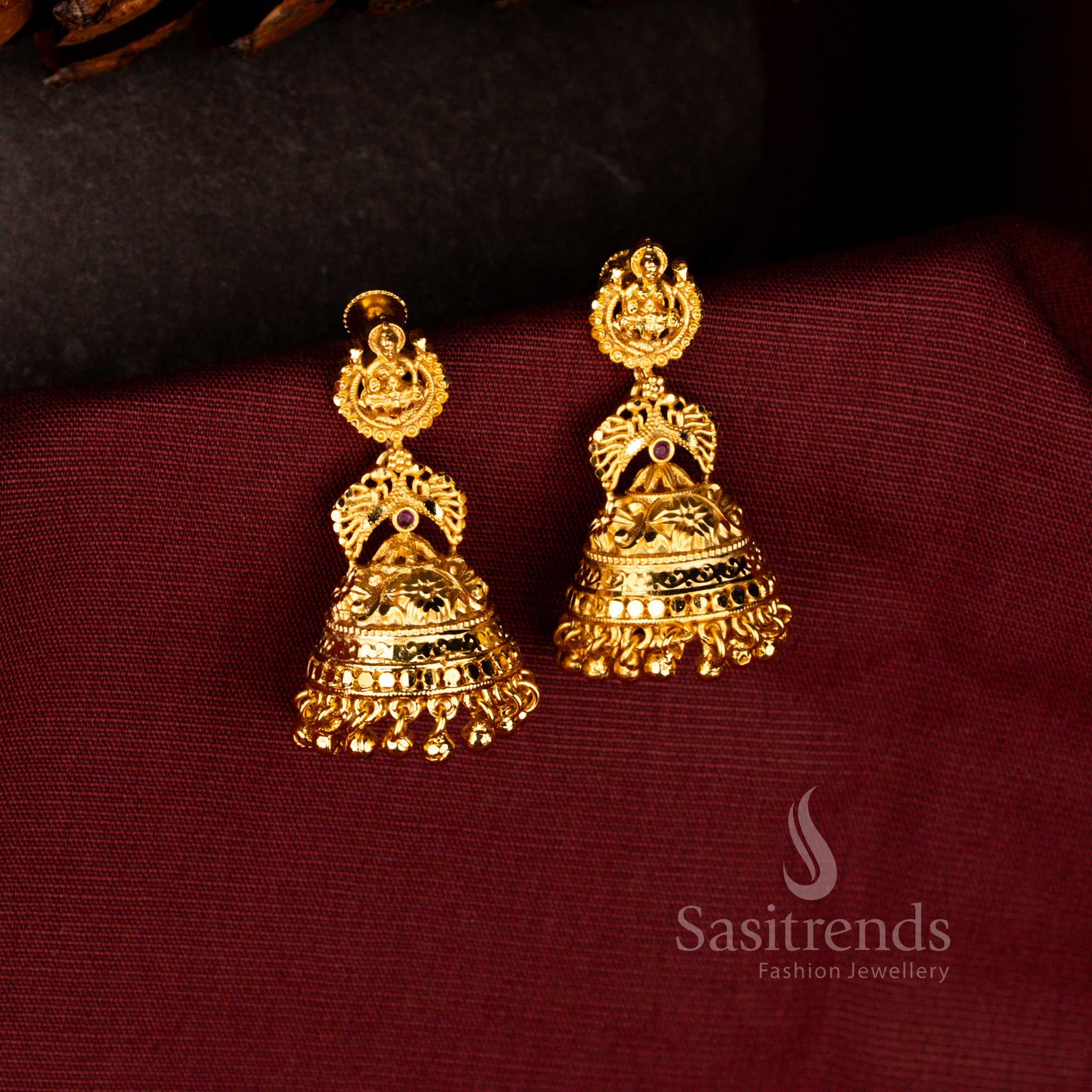 Sasitrends forming 24k micro gold plated Lakshmi peacock dome jhumka earrings