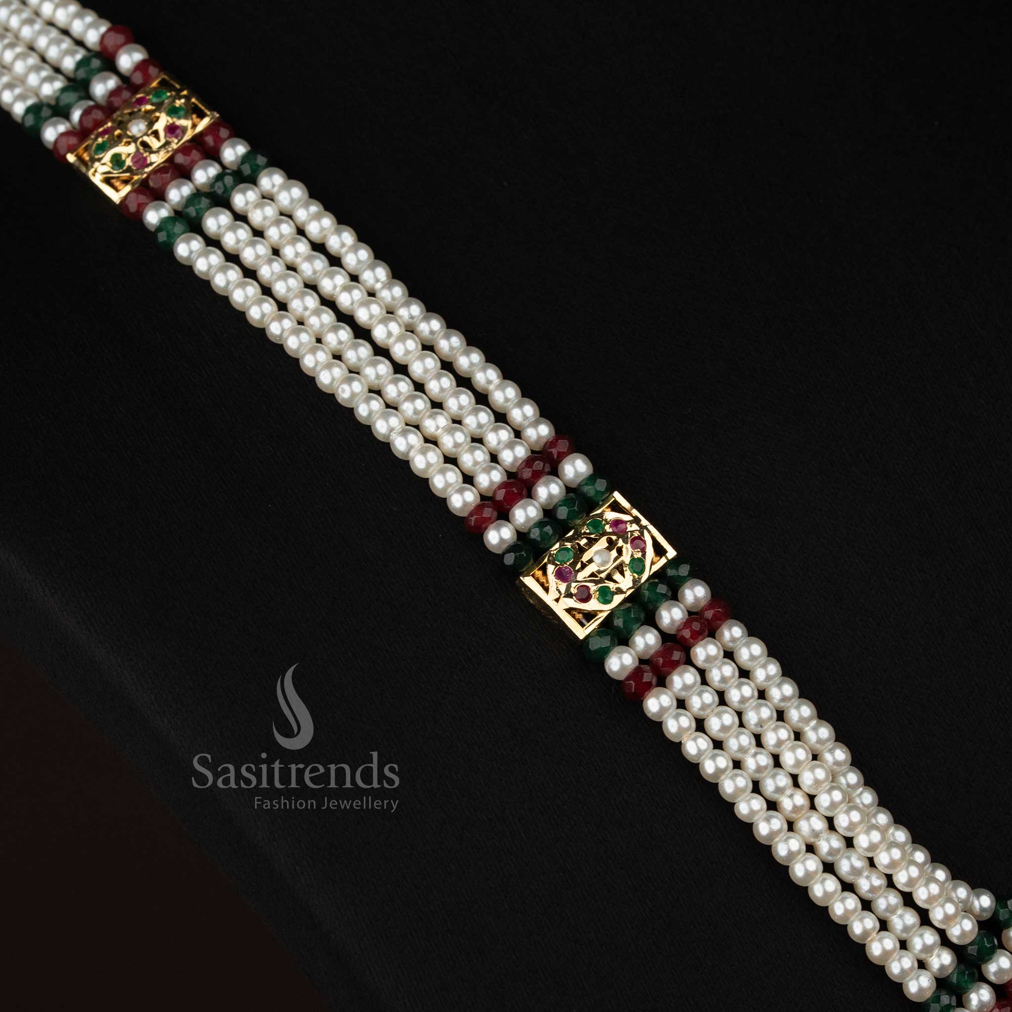 guaranteed four layer pearl haram jewellery featuring navarathna American Diamond stone centre design, pearl drop detailing and premium micro gold plated finish for engagement and party wear from Sasitrends