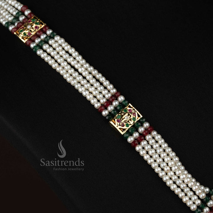 guaranteed four layer pearl haram jewellery featuring navarathna American Diamond stone centre design, pearl drop detailing and premium micro gold plated finish for engagement and party wear from Sasitrends