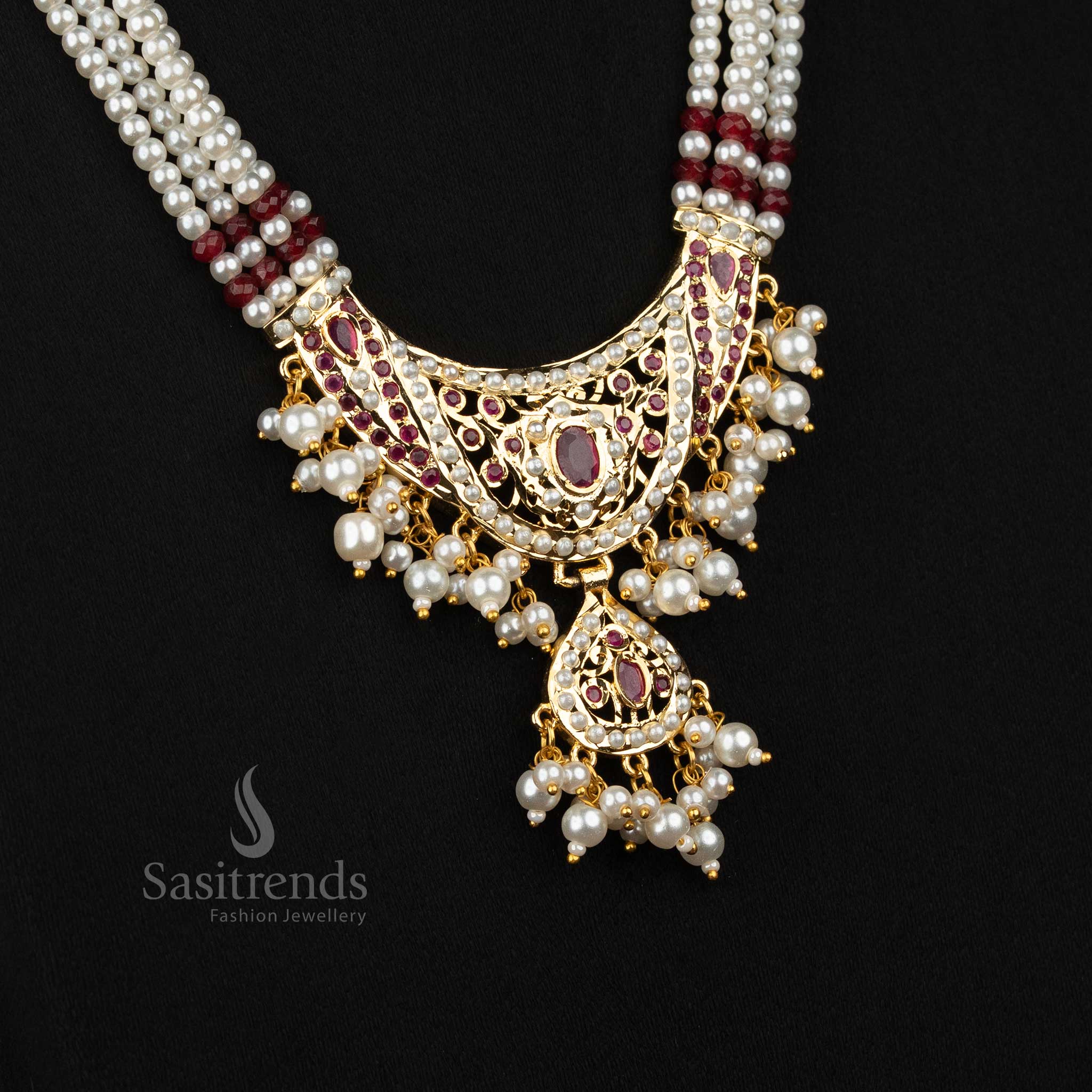Traditional style pearl haram necklace with four layered pearl strands, American Diamond pendant and guaranteed 24K micro gold plated polish, suitable for wedding, saree, grand occassions and festive occasions - Sasitrends