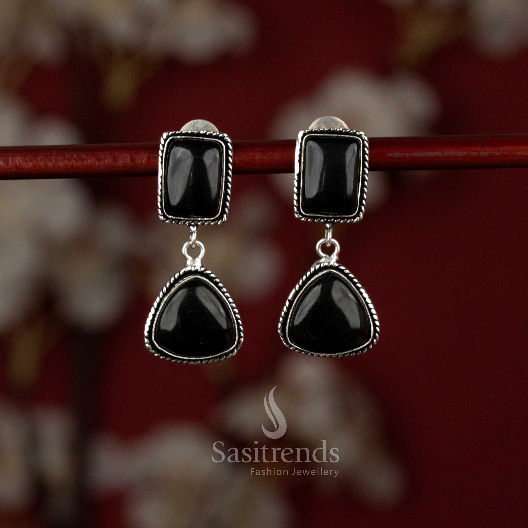 Modern black oxidised Monalisa stone earrings from Sasitrends designed with a structured square stud connected to a triangular frame, finished with delicate pearl hangings for relaxed outings and smart casual looks.