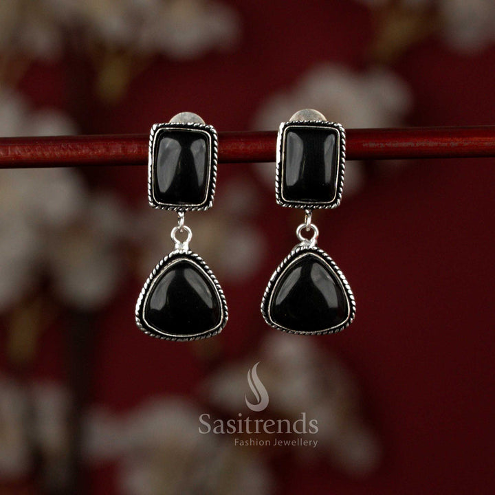 Modern black oxidised Monalisa stone earrings from Sasitrends designed with a structured square stud connected to a triangular frame, finished with delicate pearl hangings for relaxed outings and smart casual looks.