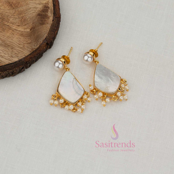 Contemporary Trendy Gold Plated  Geometric Angular Mother of Pearl Earrings with Lustrous Pearl Tear Drops