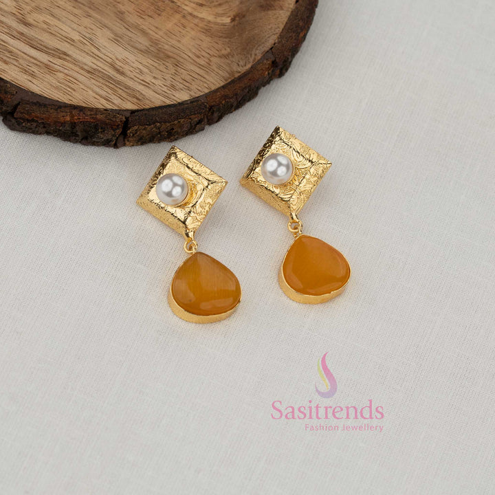 Stylish gold plated structured drop yellow earrings for girls from Sasitrends designed with pearl center accent and modern statement finish 