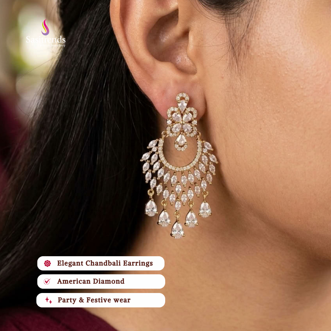 Stunning American Diamond Crescent Chandbali Earrings For Traditional Wear - Sasitrends