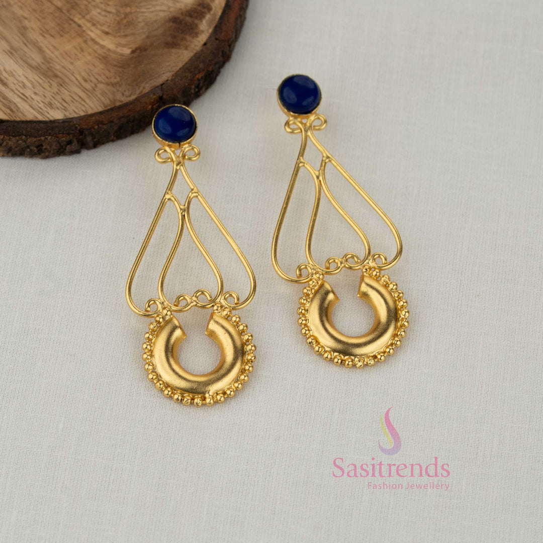 Sasitrends gold plated blue stone stud drop earrings with open frame and decorative crescent design for girls