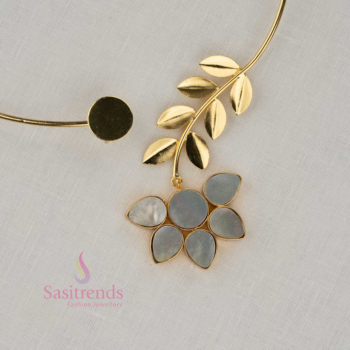 Sasitrends trendy gold plated floral leaf open collar husli necklace 