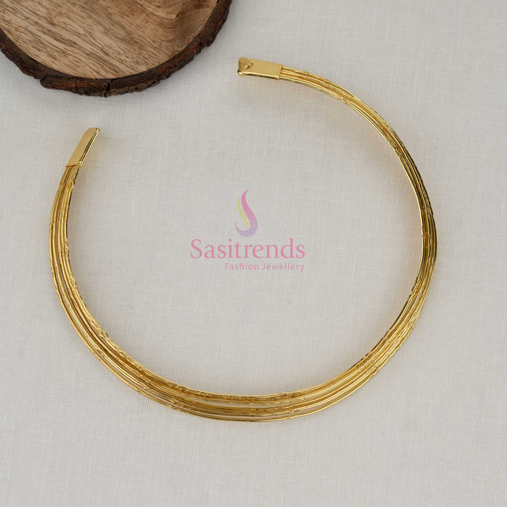 Chic gold plated layered husli collar necklace crafted with sleek wire detailing perfect for festive outfits temple occasions and cultural events - Sasitrends