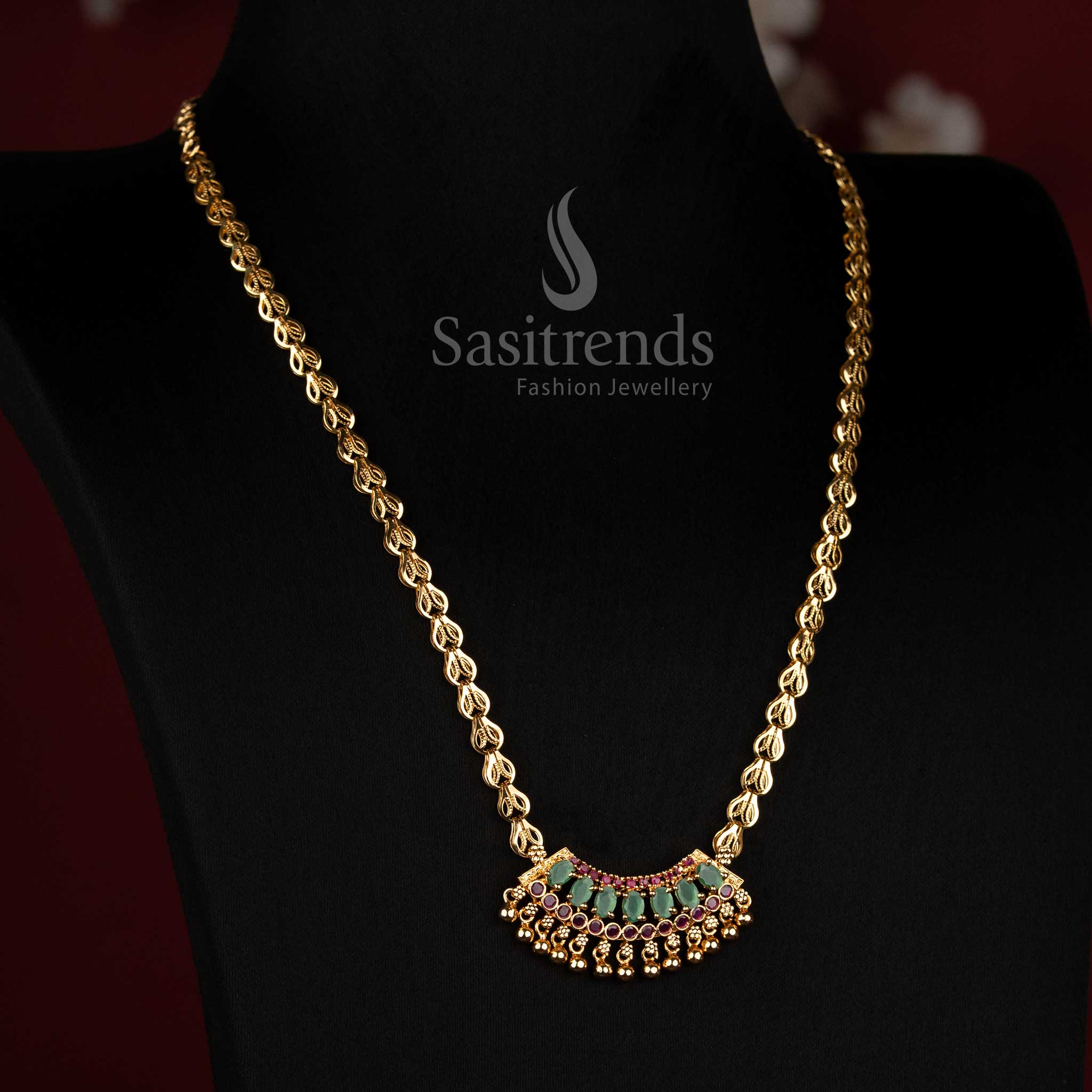Regal arch designer necklace with ruby greeen AD stones, micro gold plating and golden bead accents - sasitrends