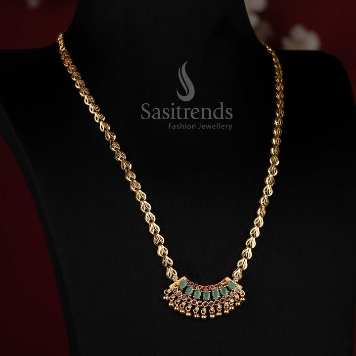 Regal arch designer necklace with ruby greeen AD stones, micro gold plating and golden bead accents - sasitrends