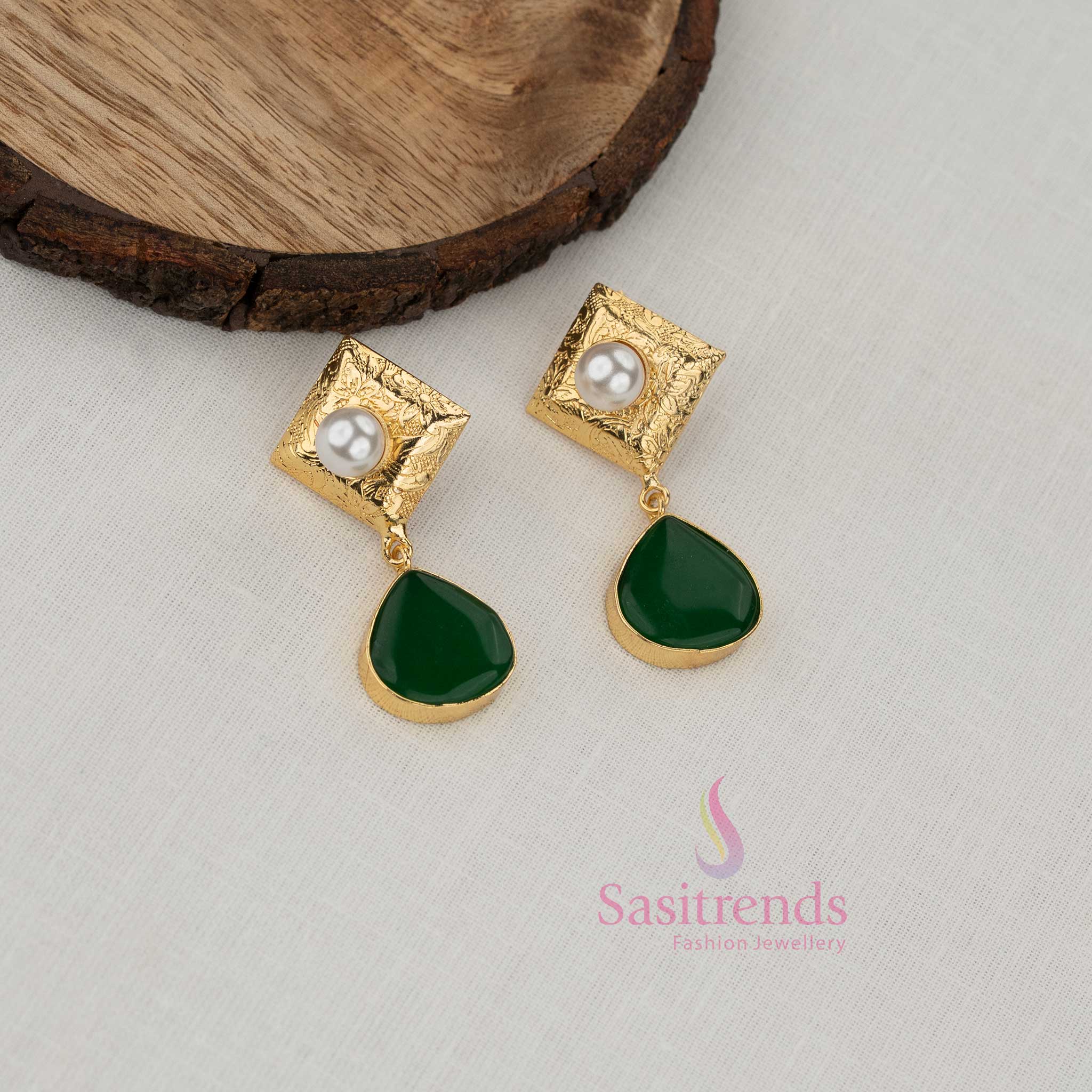 Sasitrends trendy gold plated fashion jewellery green earrings for girls showcasing bold square stud detailing and a smooth sculpted drop silhouette