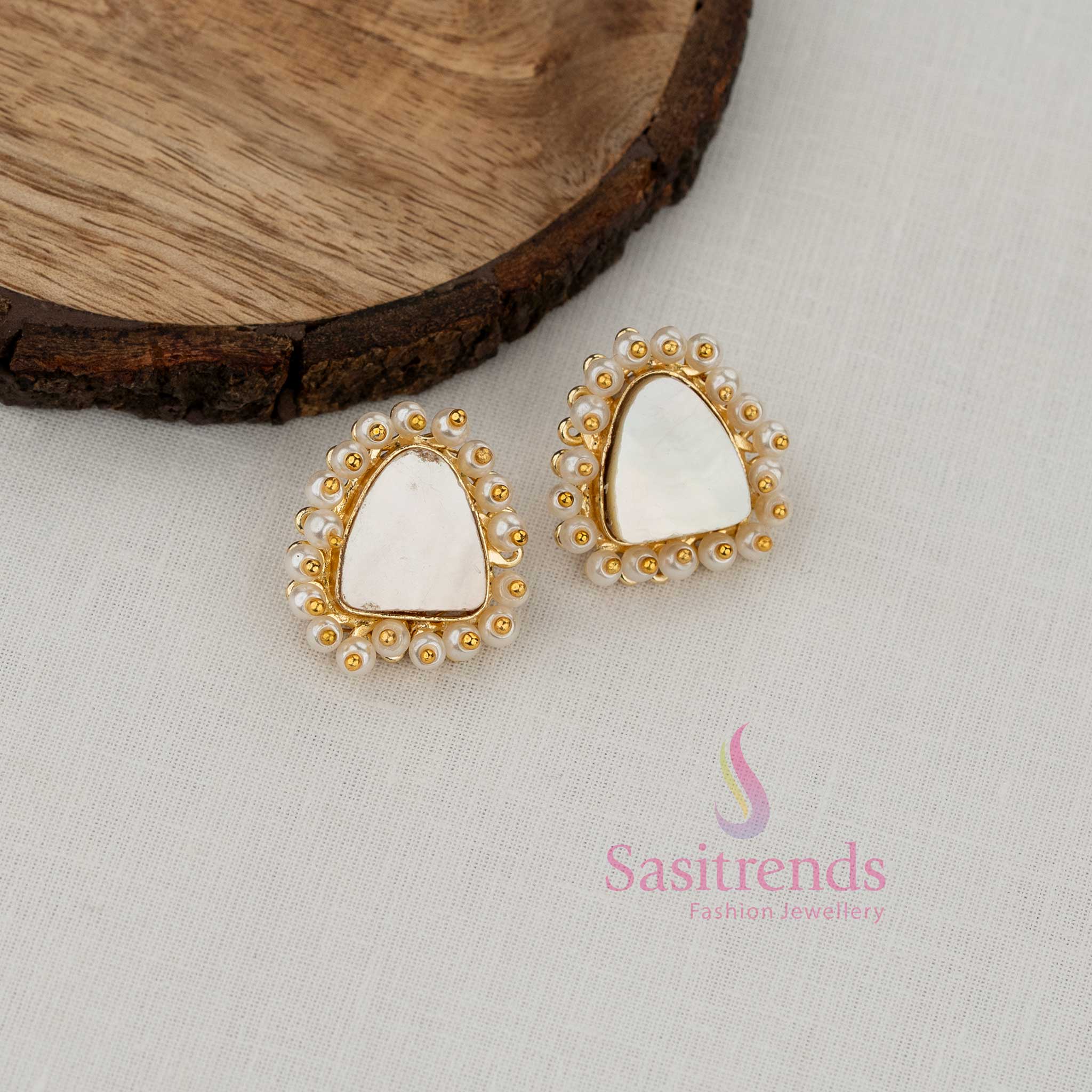 Sasitrends triangle stud earrings with seed pearl border gold plated fashion jewellery for girls