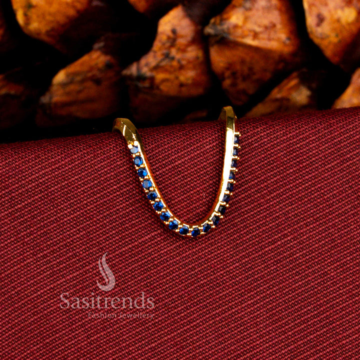 Sasitrends grand 24K micro gold plated blue AD bold arc structure ring showcasing a striking U-shaped silhouette with precision set stones and a long lasting real gold look finish.