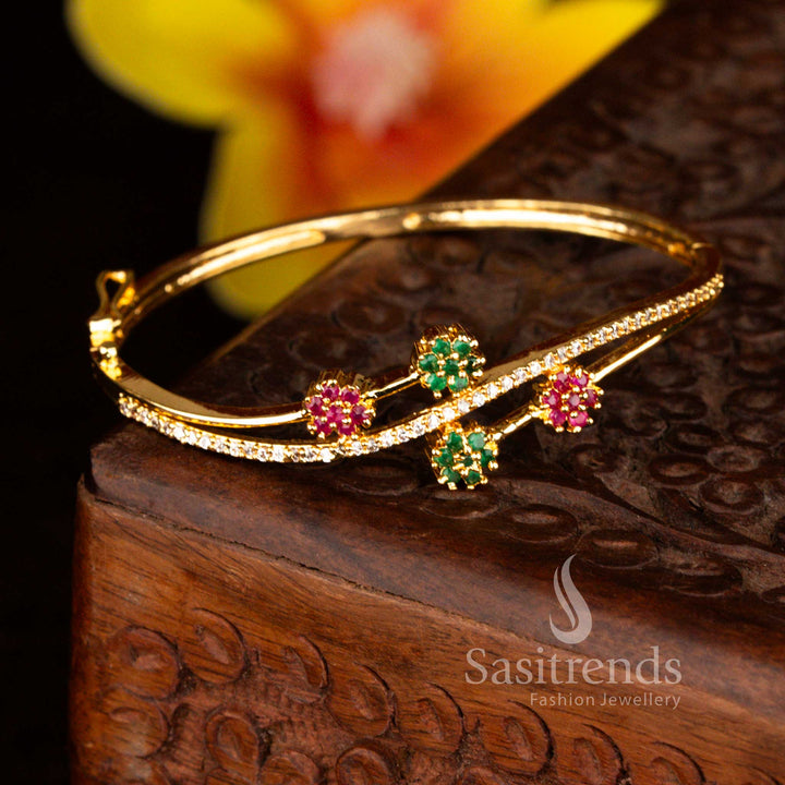 Sasitrends grand micro gold plated four floral-shaped crystal clusters multi American diamond openable kada bracelet showcasing brilliant stone embellishments and a guaranteed real gold appearance for festive celebrations.