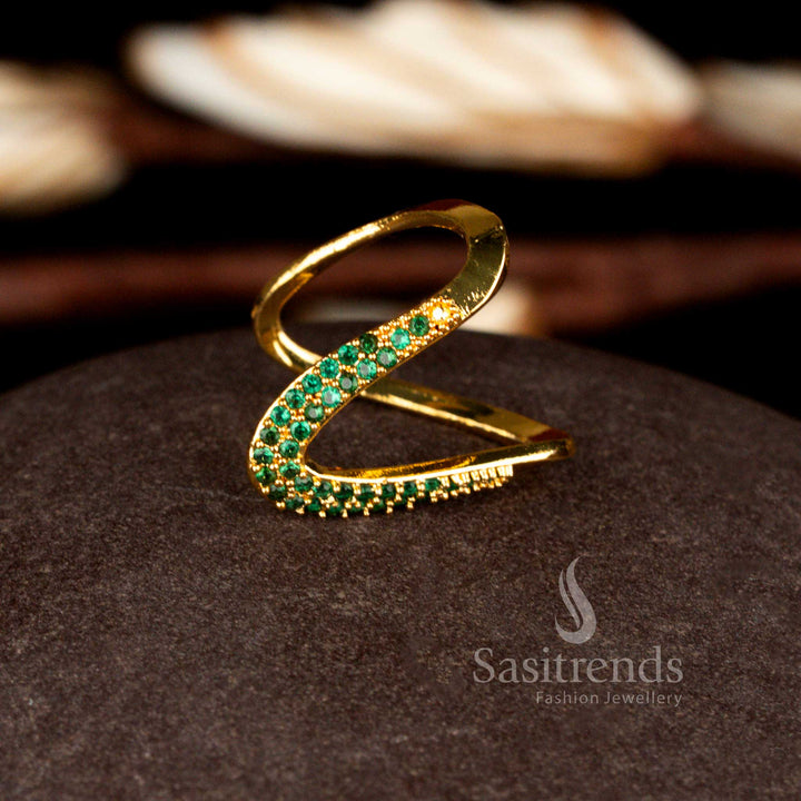 Sasitrends grand micro gold plated green AD bold arc structure ring showcasing a dramatic U-shaped design with precision stone craftsmanship and a premium real gold look finish.