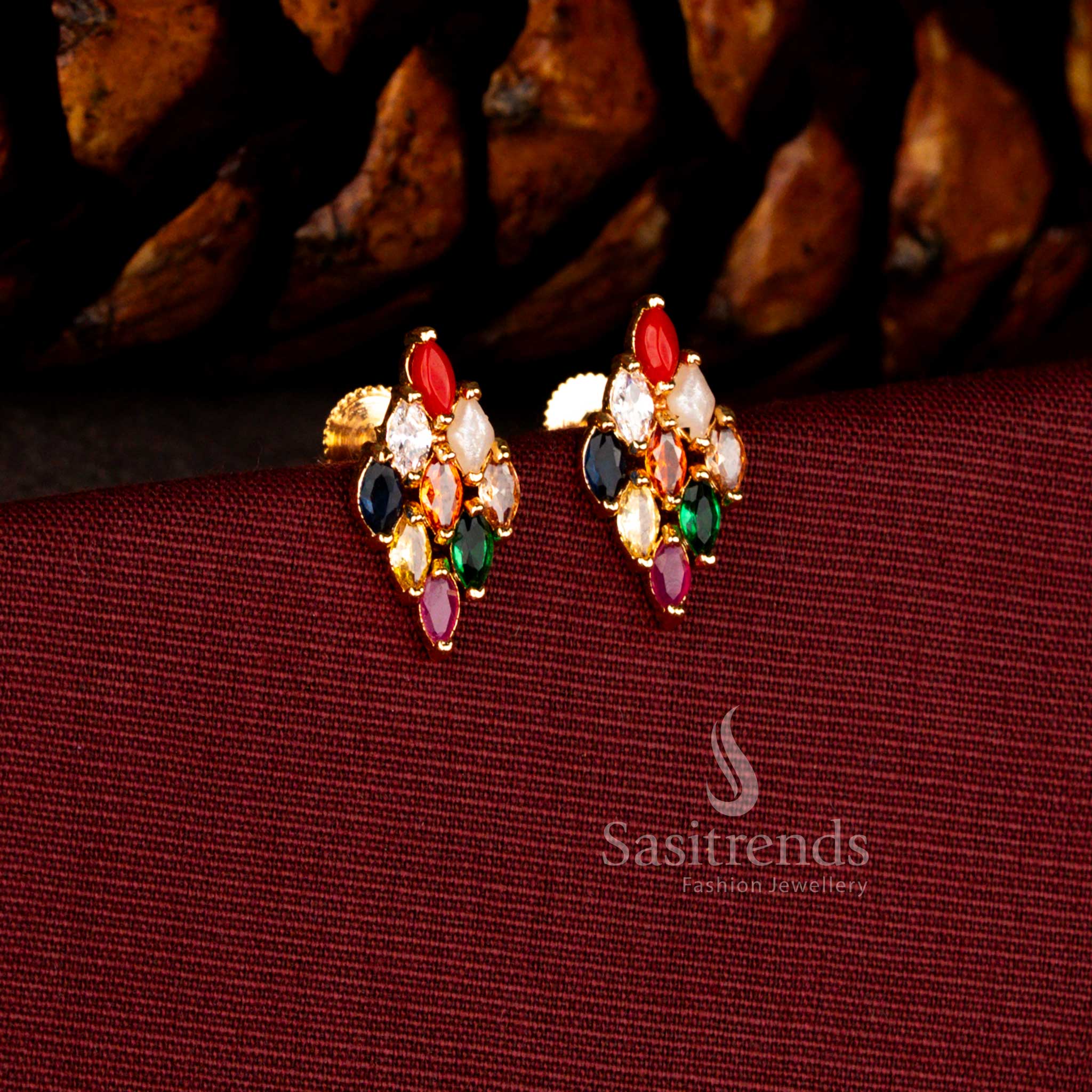 Sasitrends grand micro gold plated navarathna AD rhombus statement earrings showcasing shimmering stones and a guaranteed 24 carat gold look finish perfect for celebration and wedding styling.