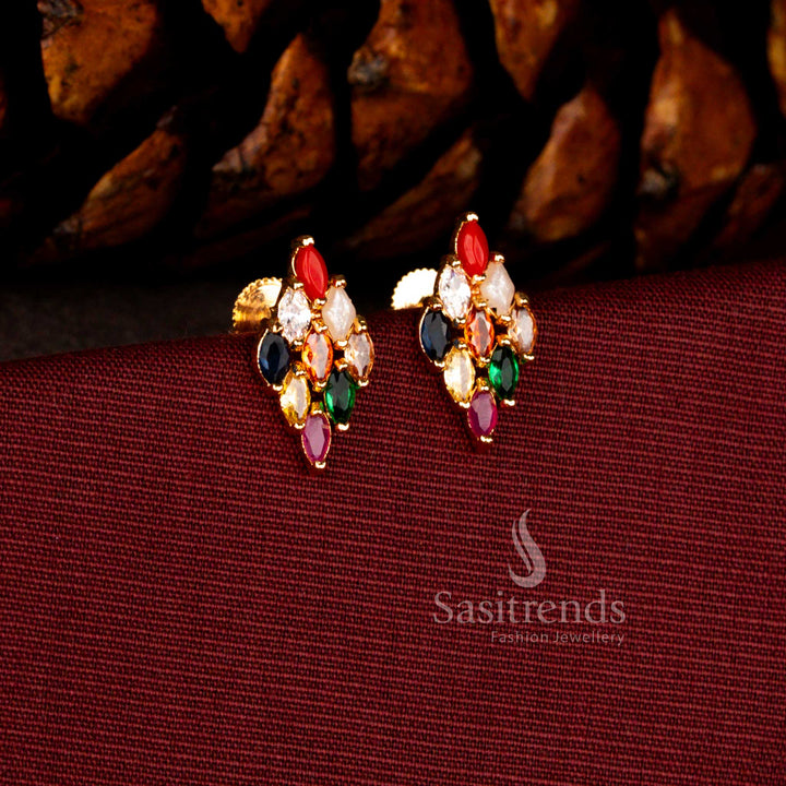 Sasitrends grand micro gold plated navarathna AD rhombus statement earrings showcasing shimmering stones and a guaranteed 24 carat gold look finish perfect for celebration and wedding styling.