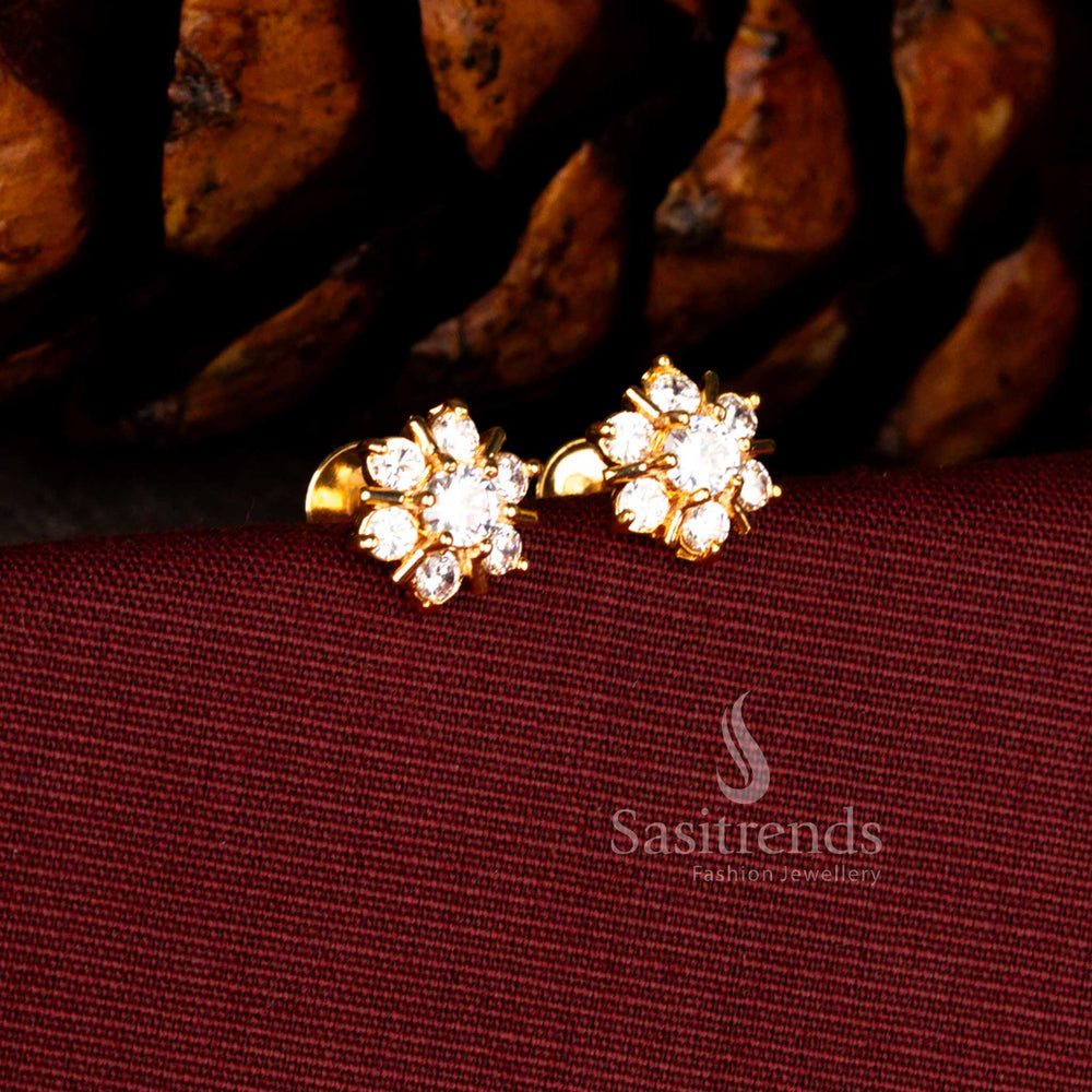 Sasitrends grand micro gold plated white AD hexagonal round floral earrings showcasing a brilliant halo design and guaranteed 24K gold shine perfect for festive, bridal and party styling.