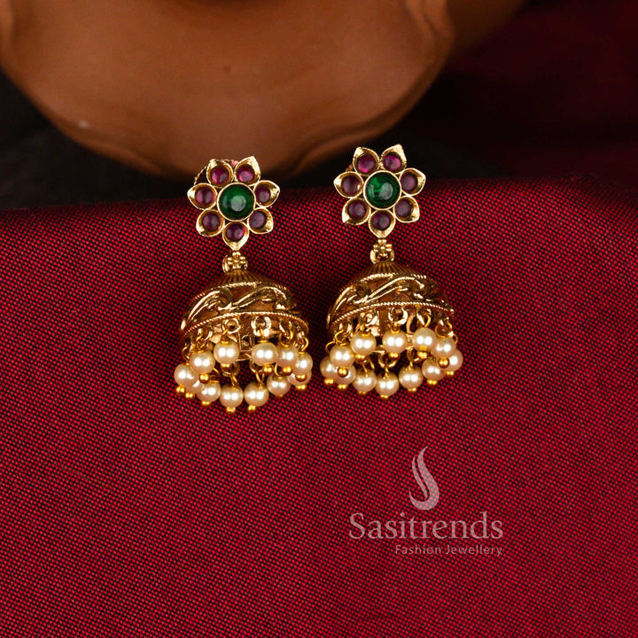 Grand Temple Matte Gold Plated Floral Stud Green Kemp Stone Pearl Cluster Dome Jhumka Earrings for Bridal Wedding, Saree & Traditional Festive Wear