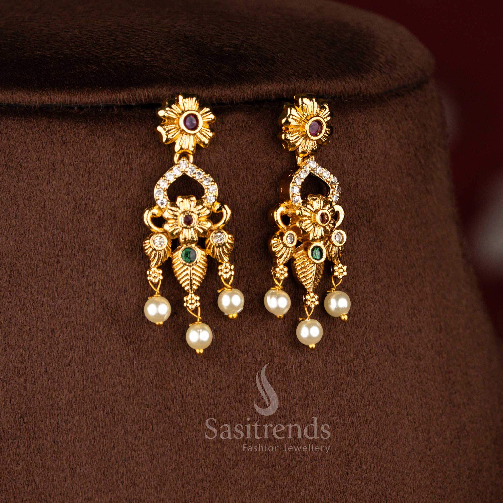 Sasitrends grand temple matte gold plated floral motif multi AD stone short necklace jewellery set inspired by heritage temple artistry suitable for weddings, receptions, poojas and traditional celebrations
