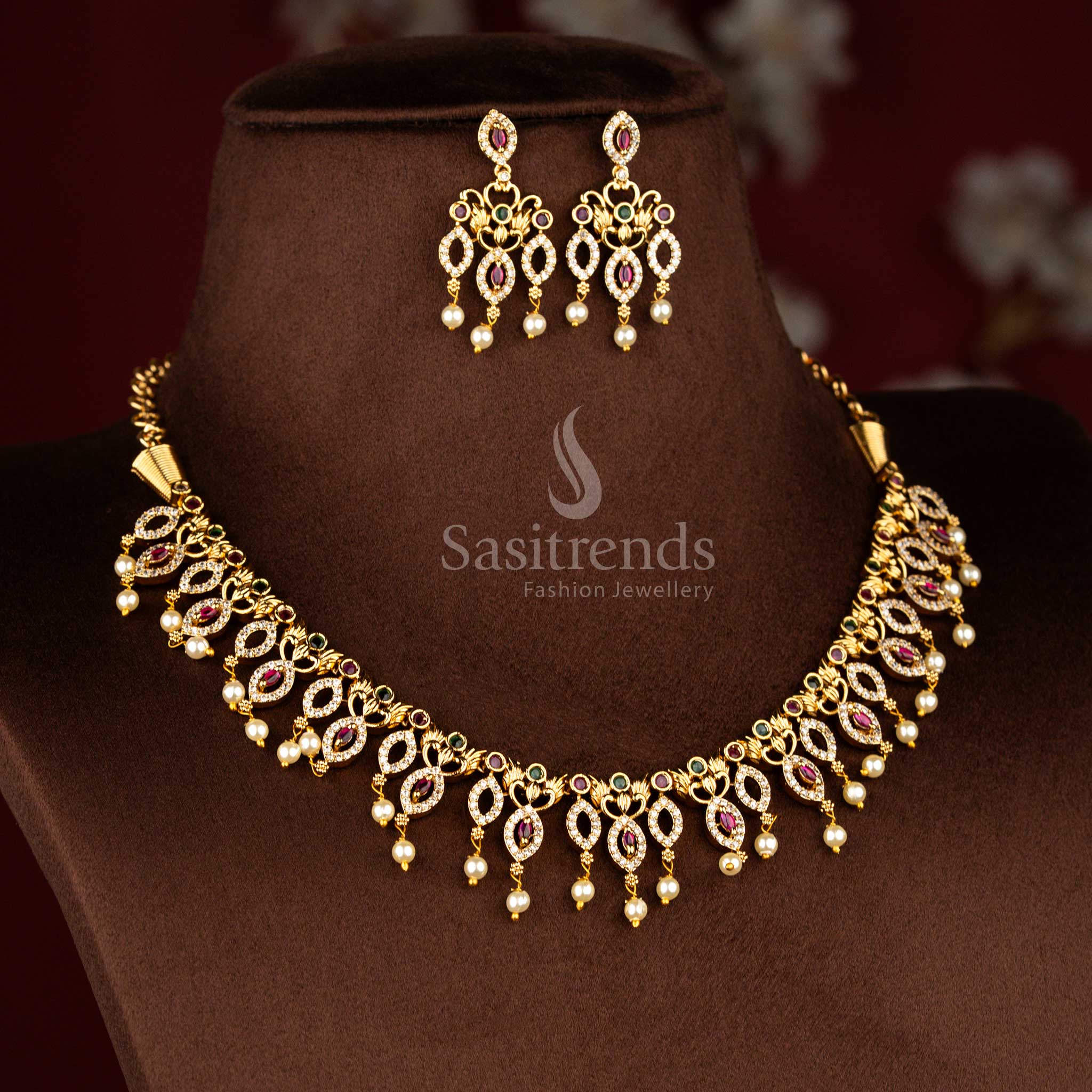 Sasitrends grand temple matte gold plated paisley vine pearl drop multi AD stone short necklace jewellery set designed with rich ethnic elegance for bridal styling, engagement rituals, poojas and cultural functions
