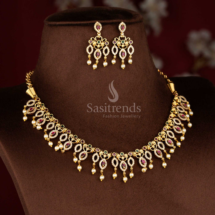 Sasitrends grand temple matte gold plated paisley vine pearl drop multi AD stone short necklace jewellery set designed with rich ethnic elegance for bridal styling, engagement rituals, poojas and cultural functions