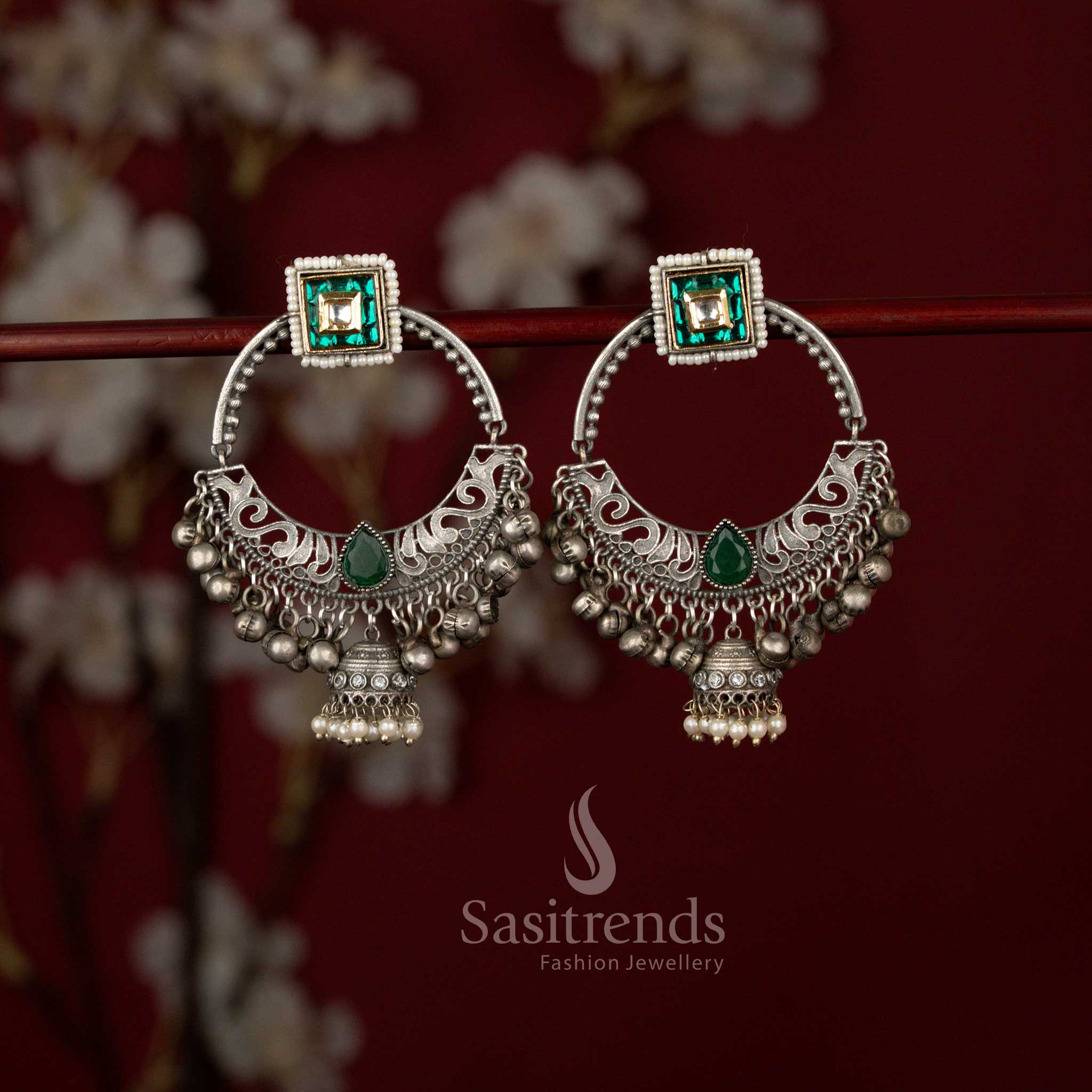 Grand antique green oxidised square hoop chandbali earrings by Sasitrends featuring refined craftsmanship, bold geometric styling and elegant pearl drops perfect for Navarathri wear and traditional celebrations.